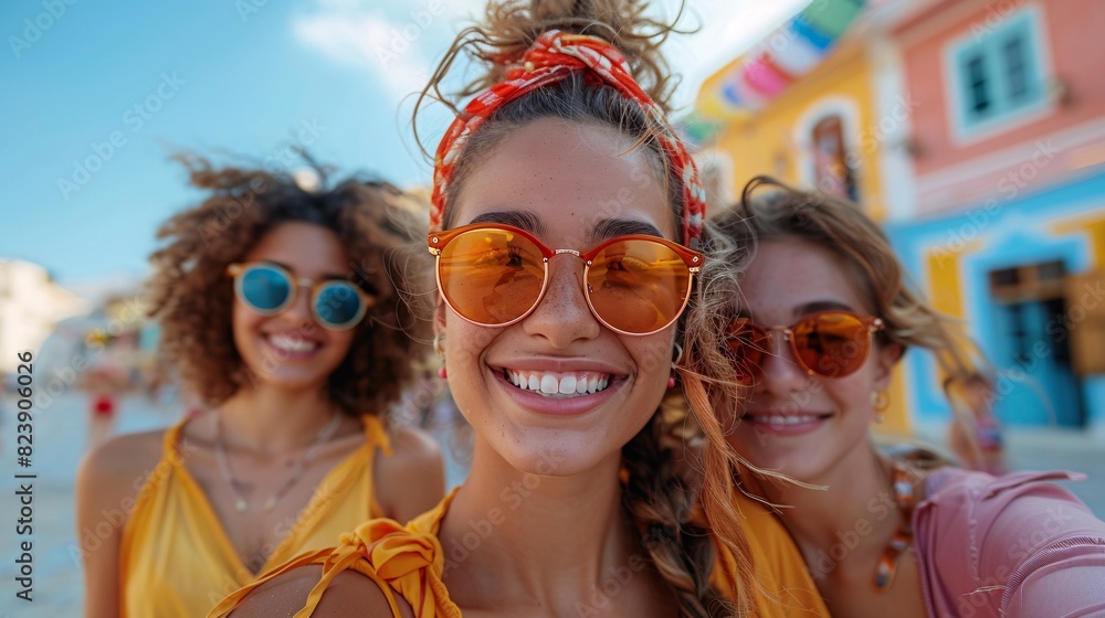 Group photo of young friends with bright clothing and flags, showing pride and happiness at sunset Group photo of young friends with bright clothing and flags, showing pride and happiness at sunset