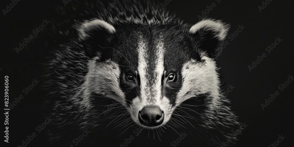 Close-up image of a badger in black and white. Suitable for wildlife publications