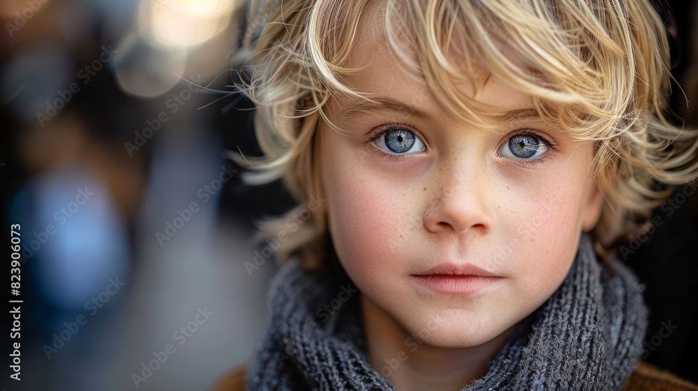 A close-up portrait of a young child with blonde hair and striking blue eyes, set against a softly blurred background, showcasing vivid facial features and expressions A close-up portrait of a young child with blonde hair and striking blue eyes, set against a softly blurred background, showcasing vivid facial features and expressions
