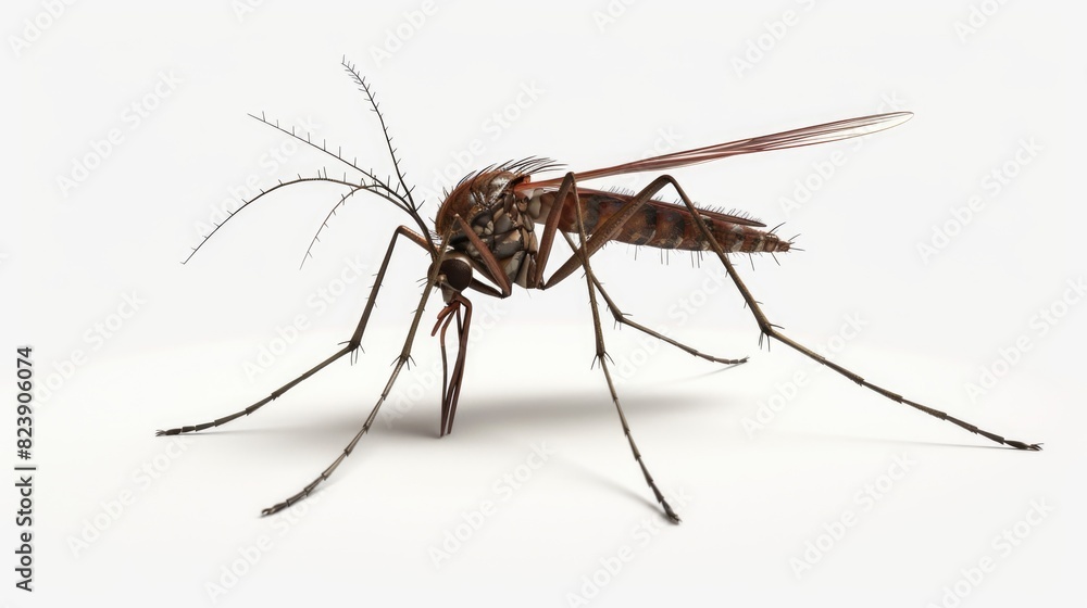 A mosquito perched on a white background, suitable for insect or pest control concepts A mosquito perched on a white background, suitable for insect or pest control concepts