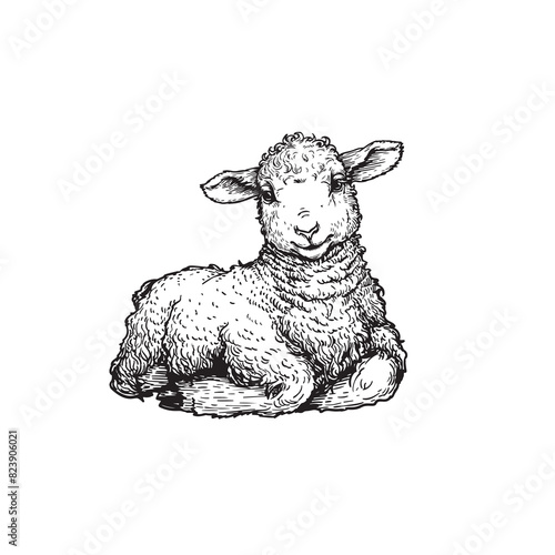 Hand drawn cute little lamb lying. Sketch style farm animal. Easter symbol. Vector illustration isolated on white.