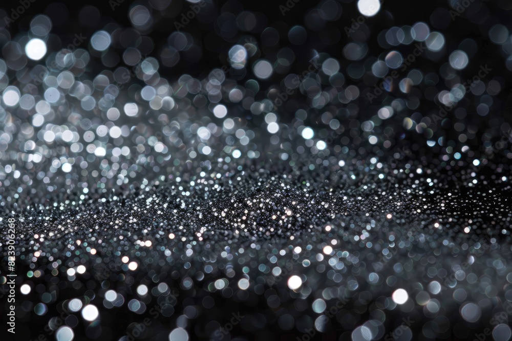 A close-up shot of silver glitter spread across a solid black background, highlighting the shimmering details and contrast. A close-up shot of silver glitter spread across a solid black background, highlighting the shimmering details and contrast.