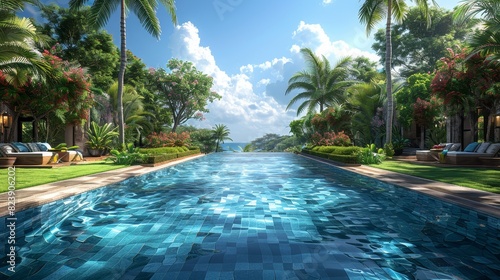 Expansive tropical pool with palm trees - Breathtaking long pool surrounded by palm trees and flowering plants, reflecting a clear blue sky in a tropical paradise