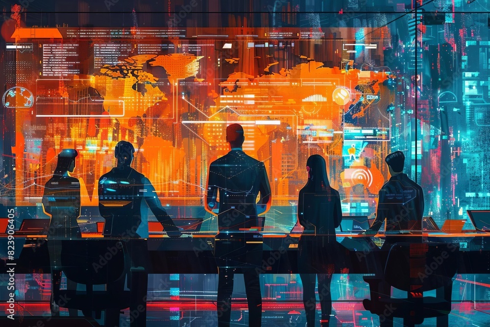 Silhouettes of business professionals collaborating in a high-tech environment with a digital world map interface displaying data visualizations Silhouettes of business professionals collaborating in a high-tech environment with a digital world map interface displaying data visualizations