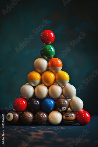 Colorful balls arranged in a pyramid on a table, suitable for various projects