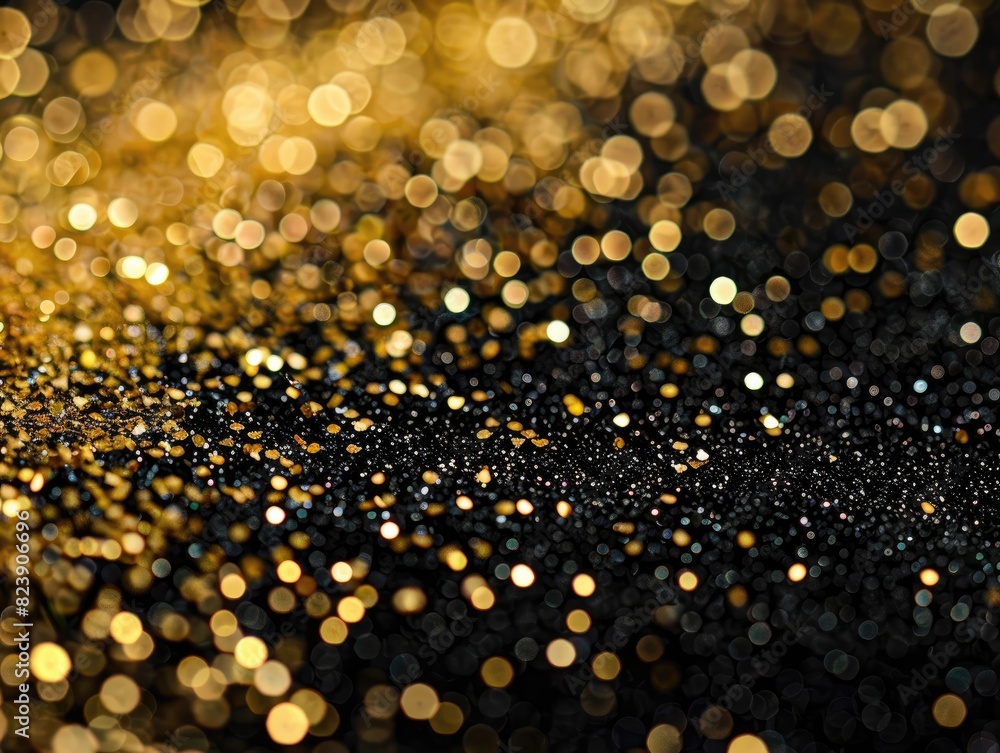 A golden glitter texture scattered across a solid black background, offering a striking contrast and luxurious feel A golden glitter texture scattered across a solid black background, offering a striking contrast and luxurious feel