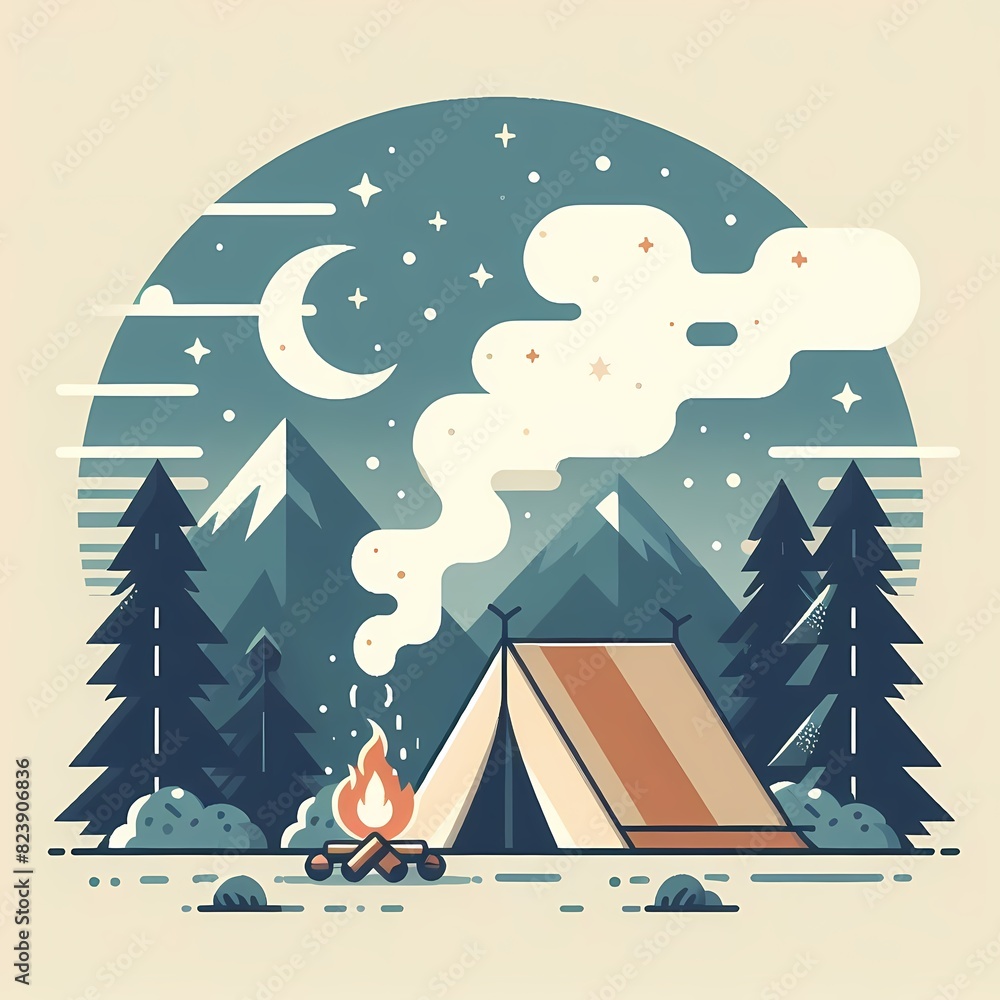 Cozy Camping Scene with Tent and Campfire in Forest Cozy Camping Scene with Tent and Campfire in Forest