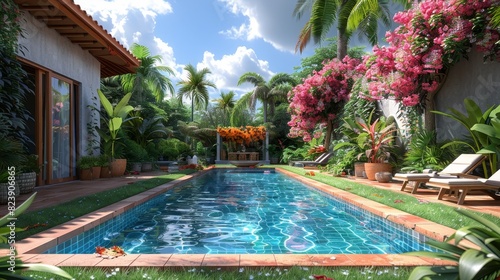 Peaceful garden pool with blooming flowers - Inviting garden pool surrounded by blooming flowers and tropical plants, with a backdrop of a cozy home villa