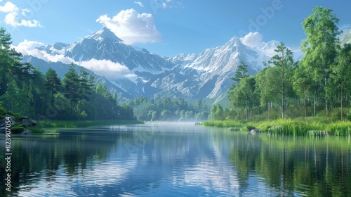 Tranquil Mountain Lake A Captivating D Rendering of Natures Peaceful Solitude © Sittichok