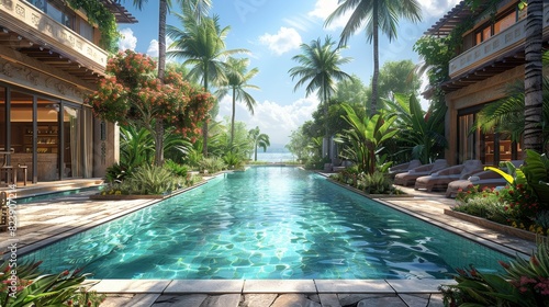 Luxurious tropical poolside with villa - Scenic view of a luxury villa's poolside surrounded by lush greenery and vibrant flowers in a resort-style setting
