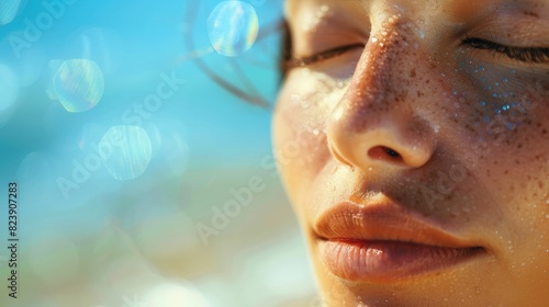 The close up picture of the person is relaxing at beach with calm and peaceful on face, the meditation require concentration, patience, relaxation, awareness, mindfulness, emotion management. AIG43.