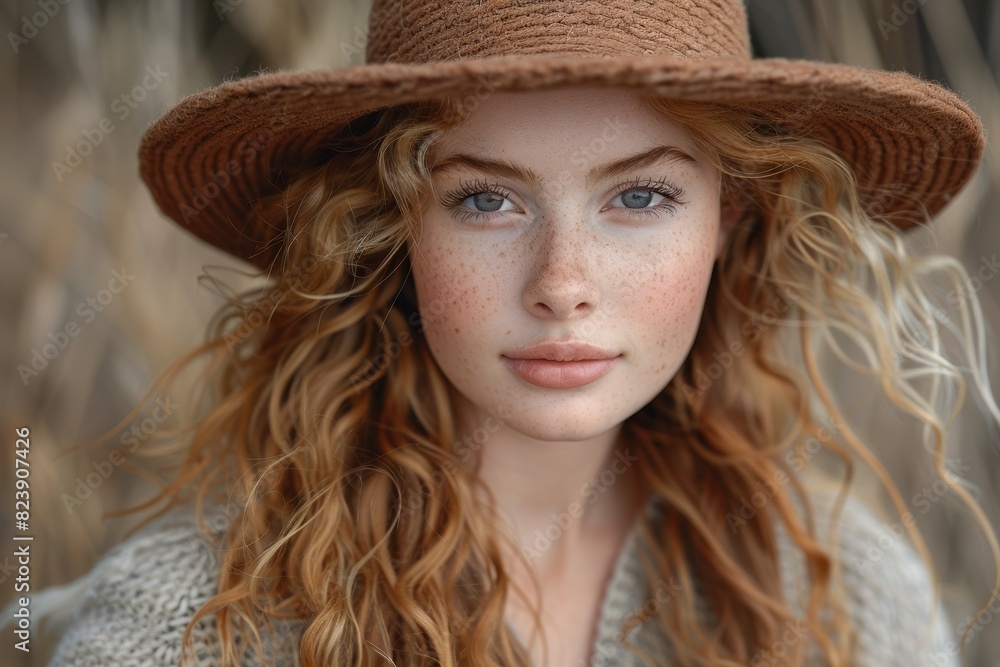 A close-up portrait of a young woman with red hair and freckles, wearing a brown hat and a knit sweater, set against an outdoor backdrop with natural lighting A close-up portrait of a young woman with red hair and freckles, wearing a brown hat and a knit sweater, set against an outdoor backdrop with natural lighting