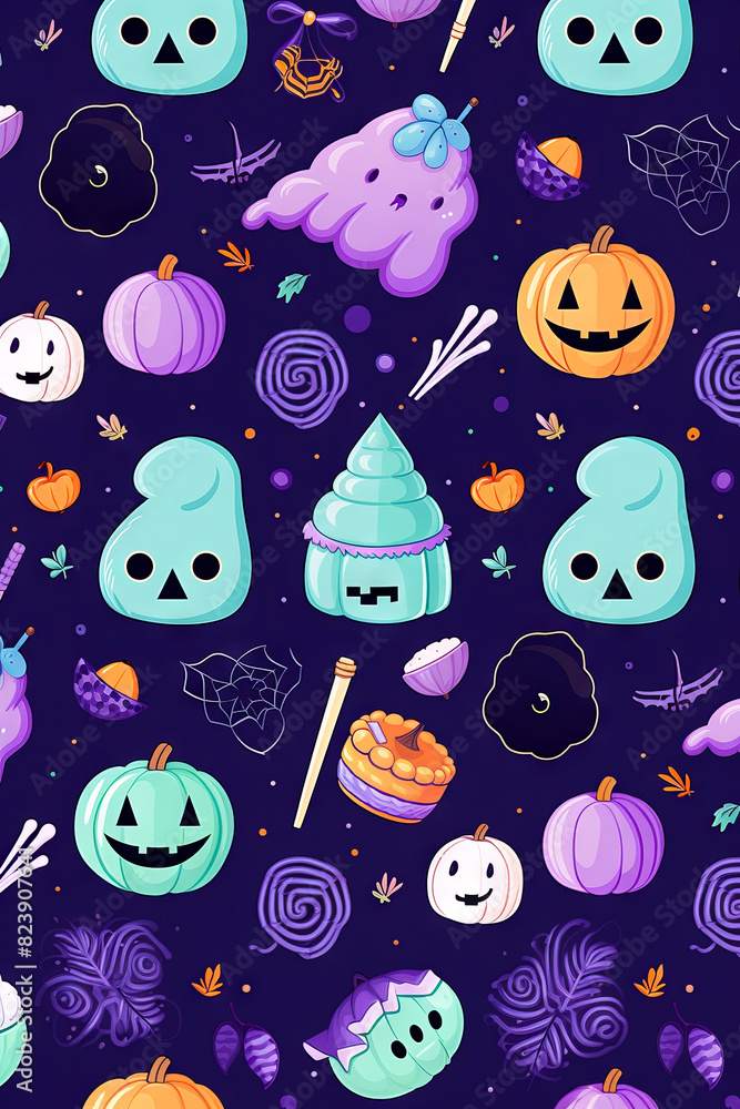 Purple background with bunch of halloween items on it. Purple background with bunch of halloween items on it.