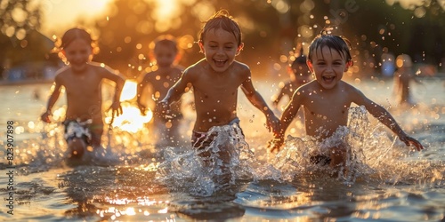 A group of joyful children running and playing in the water during a beautiful sunset  captured in a heartwarming moment of pure happiness and fun