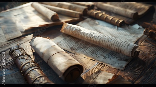 A set of ancient manuscripts and scrolls carefully laid out on a wooden table. 8k, realistic, full ultra HD, high resolution and cinematic photography