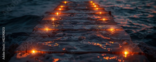 Glowing pathway illuminated by lights extending into the ocean under a twilight sky, creating a serene and mystical ambiance at the water's edge