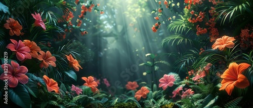 Background Tropical. Vibrant flowers burst from the lush rainforest  their bright petals a dazzling contrast to the endless green around them.
