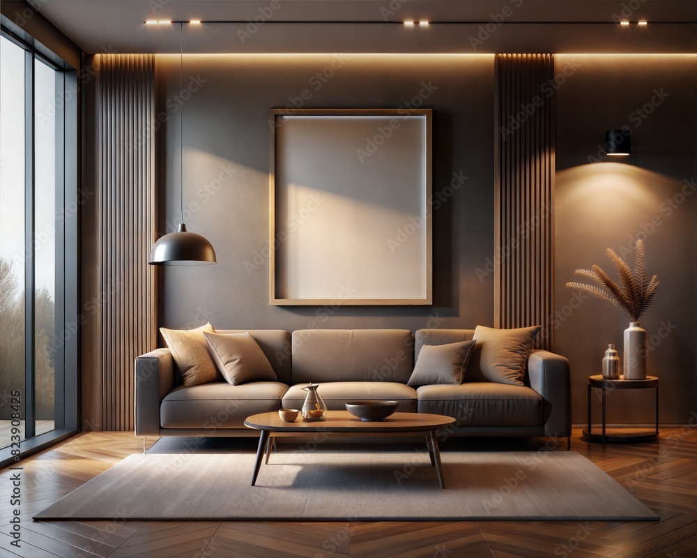 Mockup room, Mockup Frame A living room with a couch, coffee table, and a vase of flowers Mockup room, Mockup Frame A living room with a couch, coffee table, and a vase of flowers