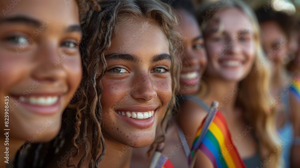 Fototapeta premium Ultra-realistic group photo of teens with rainbow flags, smiling and celebrating Pride Month at sunset