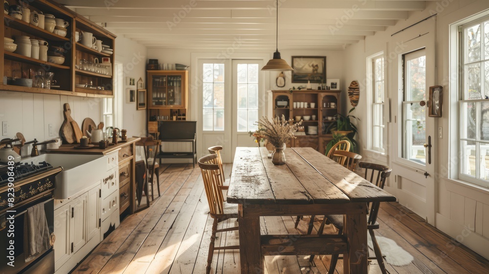 A large wooden dining table is surrounded by chairs in a spacious kitchen A large wooden dining table is surrounded by chairs in a spacious kitchen