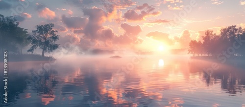 Morning Tranquility A Calm River Basks in the Soft Glow of a Pastel Sunset photo