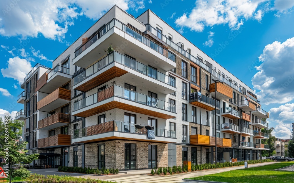 An apartment building with modern architecture and large balconies. The exterior is covered in light-colored bricks, while the upper floors have wooden accents on each floor An apartment building with modern architecture and large balconies. The exterior is covered in light-colored bricks, while the upper floors have wooden accents on each floor