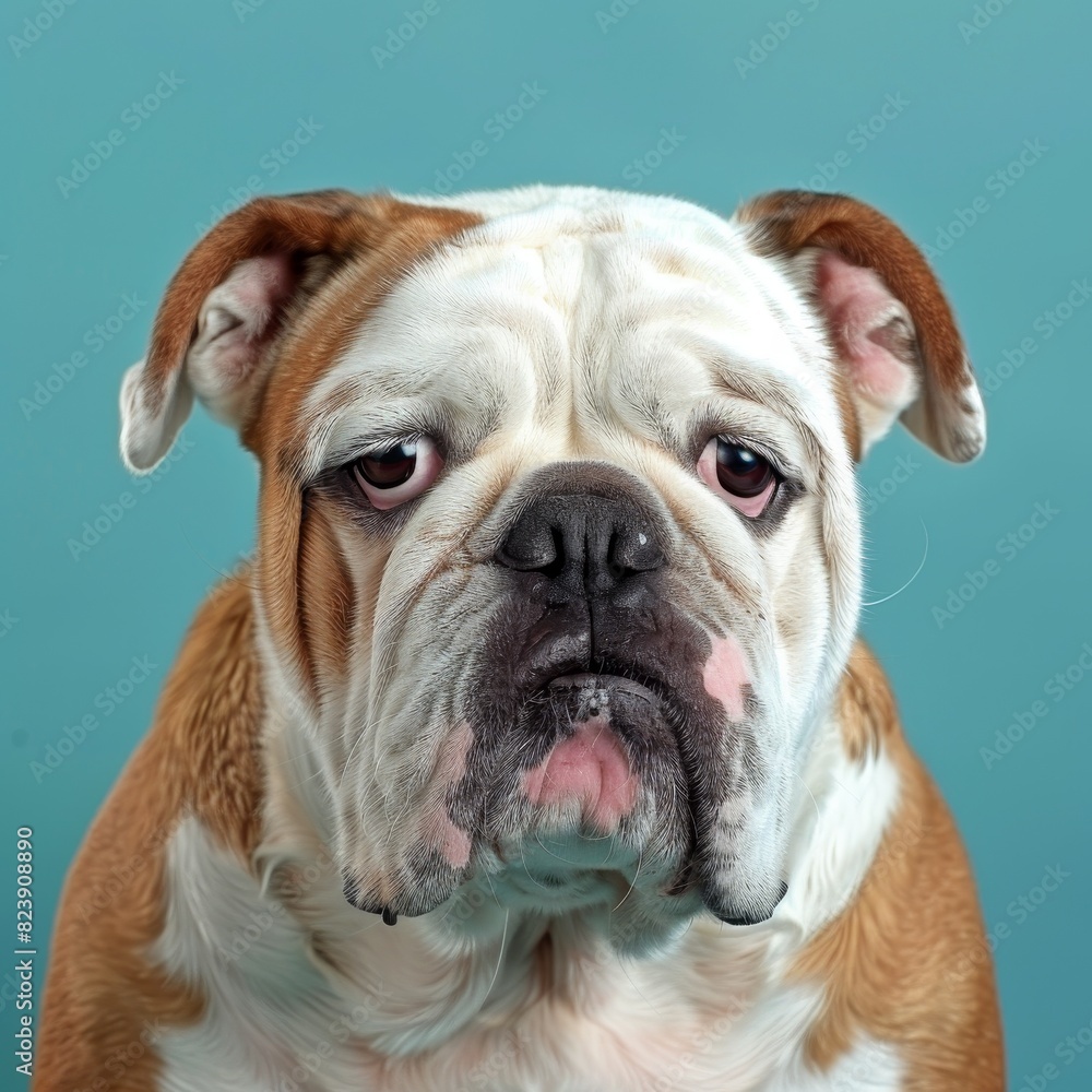 Fototapeta premium Closeup view of a comical bulldog with a sagging face, alone against a turquoise backdrop, with room for text