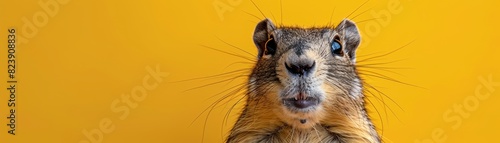 Closeup portrait of a funny marmot, cheeks bulging, isolated on a golden yellow background, ample copy space