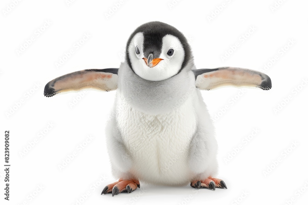 Fototapeta premium Closeup portrait of a funny penguin, flippers out, isolated on a white background, ample copy space