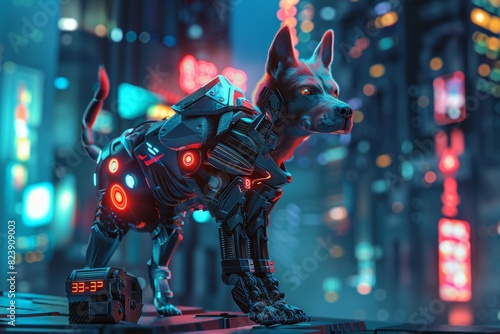 3D Illustration of a Dog Superhero in a Futuristic City with High-Tech Gadgets for Print, Card, or Poster Design