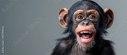 Closeup portrait of a funny monkey, wide grin, isolated on a light grey background, space for text