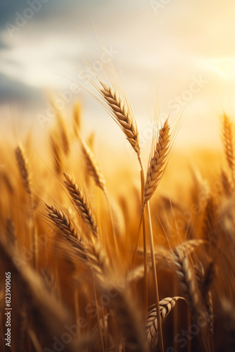 Close up of wheat field with sky background.