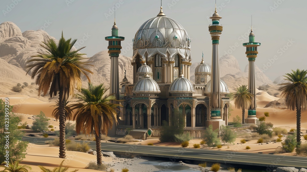 desert is adorned with a few date palms in front of the mosque and a flowing water source