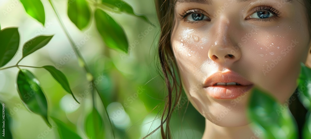 Organic Skincare Promotional Banner - Serene Face with Dewy Skin Among Fresh Greenery Organic Skincare Promotional Banner - Serene Face with Dewy Skin Among Fresh Greenery
