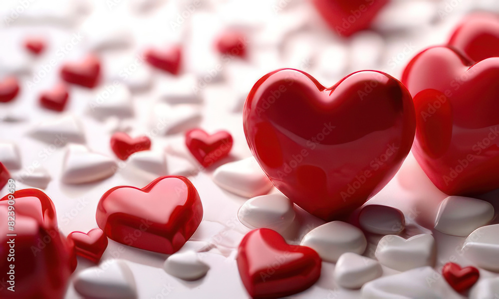 White background with many red hearts all around it with empty space in center