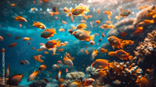 An underwater scene teeming with vibrant orange fish swimming near coral reefs, illuminated by beams of sunlight filtering through the clear blue water