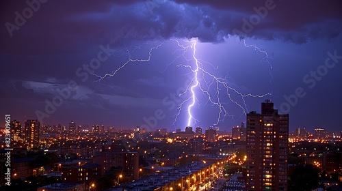 A breathtaking urban nightscape featuring a powerful lightning strike illuminating the skyline and city buildings under a dramatic stormy sky photo