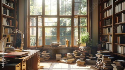 A sunlit study room with a large window, wooden desk, and piles of textbooks. 8k, realistic, full ultra HD, high resolution and cinematic photography