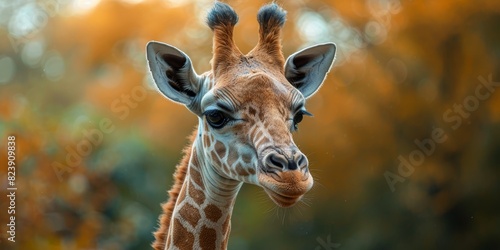 A close-up portrait of a giraffe with a blurred autumnal background, highlighting its unique patterns and expressive eyes amidst an environment of warm colors