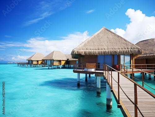 Tourists enjoy luxury overwater villas on a sunny day in the Maldives.
