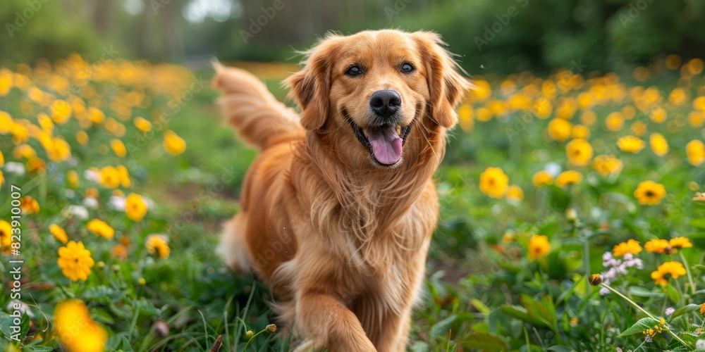 Golden Retriever joyfully running through a vibrant field of blooming yellow flowers on a sunny day, exuding happiness and energy in a picturesque nature setting Golden Retriever joyfully running through a vibrant field of blooming yellow flowers on a sunny day, exuding happiness and energy in a picturesque nature setting