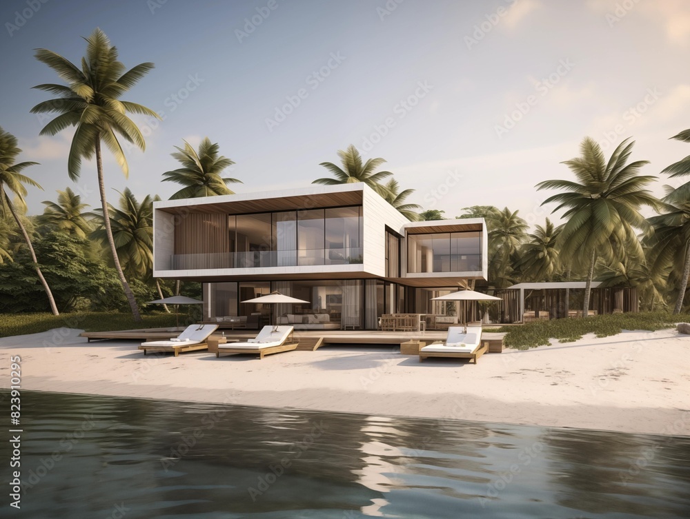 Vacationers enjoy a modern beach house on a sunny day at a tropical island