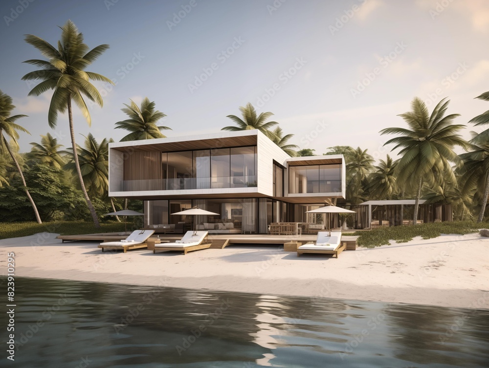 Vacationers enjoy a modern beach house on a sunny day at a tropical island Vacationers enjoy a modern beach house on a sunny day at a tropical island