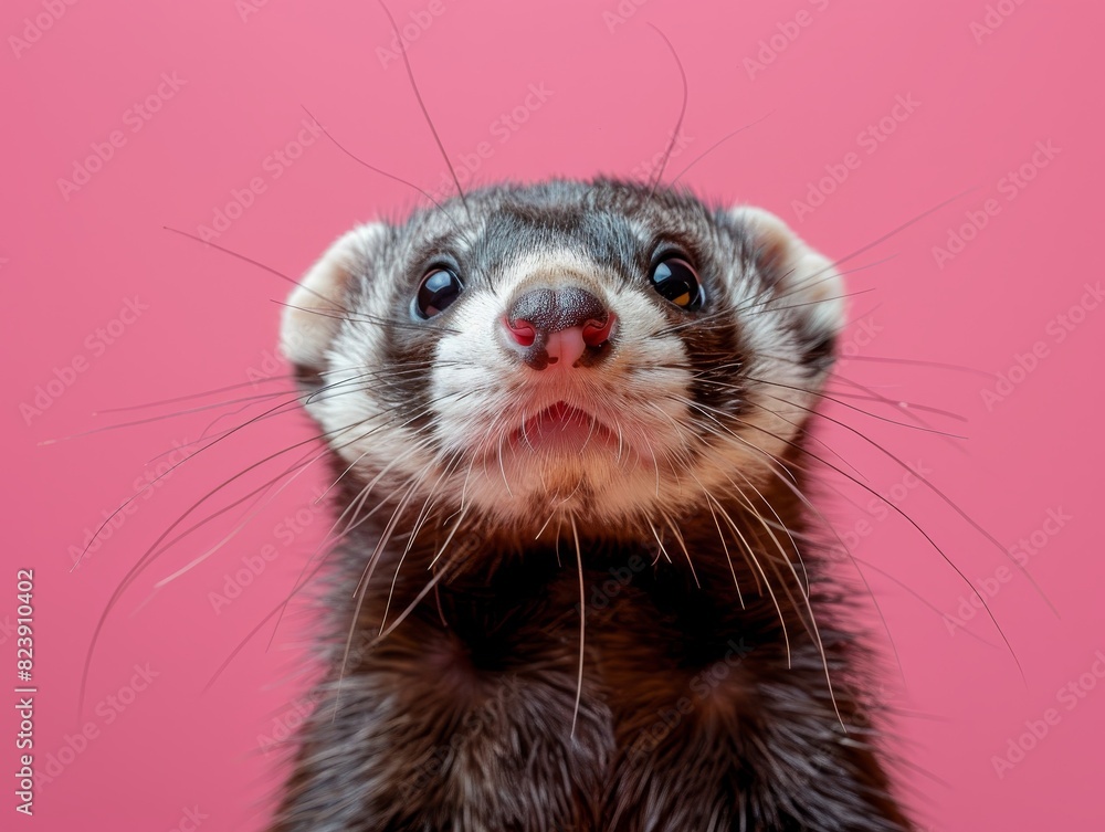 Comical closeup of a ferret, playful stance, isolated on a coral pink background, copy space Comical closeup of a ferret, playful stance, isolated on a coral pink background, copy space