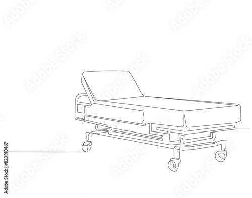 Continuous one line drawing of hospital patient bed. One line drawing illustration of hospital room interior. Empty hospital room concept continuous line art. Editable outline.
