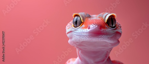 Gecko humorously clings to glass against a magenta backdrop  with room for text