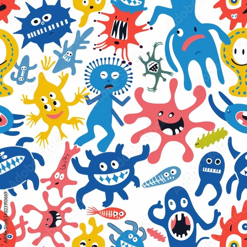 Colorful Seamless Pattern of Cartoon Germs for Public Health Campaign Wrapping Design