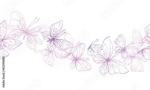 Butterflies are pink  blue  lilac  flying  delicate line art  clip art. Graphic illustration hand drawn in pink  lilac ink. Seamless board pattern EPS vector