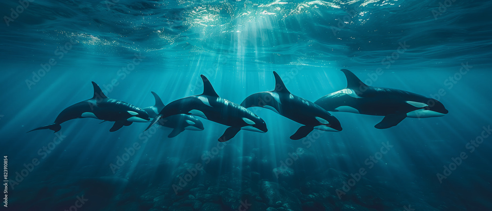 Obraz premium A pod of killer whales swimming in formation, their sleek black and white bodies contrasting against the deep blue ocean