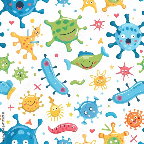 Playful Germs and Toys Themed Seamless Pattern for Pediatric Clinic or Daycare Wall Decoration
